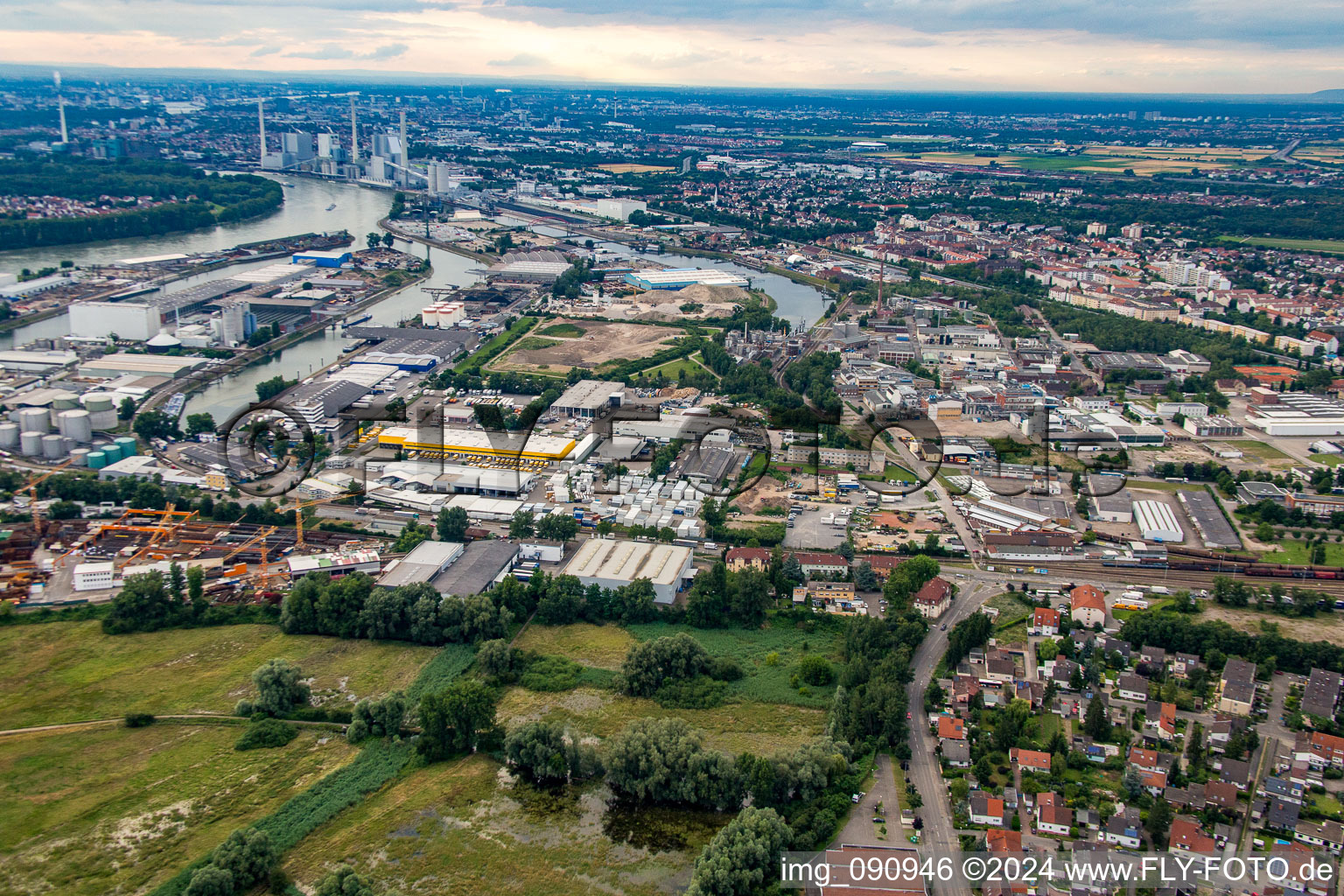 Aerial view of Rheinau Harbour in the district Rheinau in Mannheim in the state Baden-Wuerttemberg, Germany