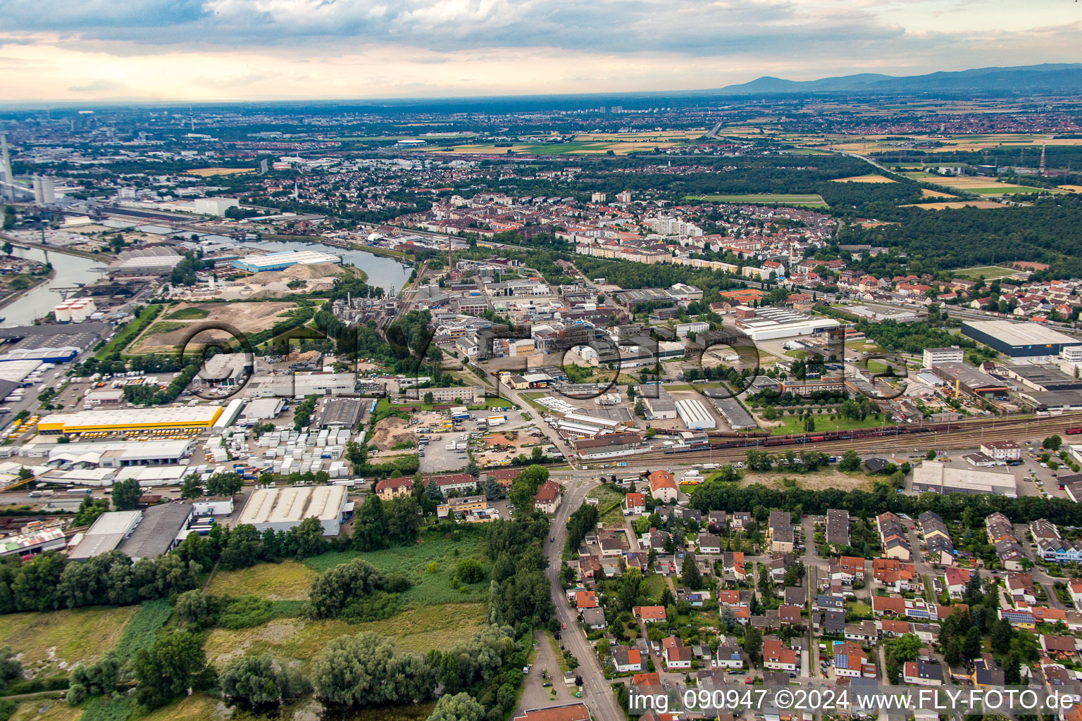 Aerial photograpy of Rheinau Harbour in the district Rheinau in Mannheim in the state Baden-Wuerttemberg, Germany