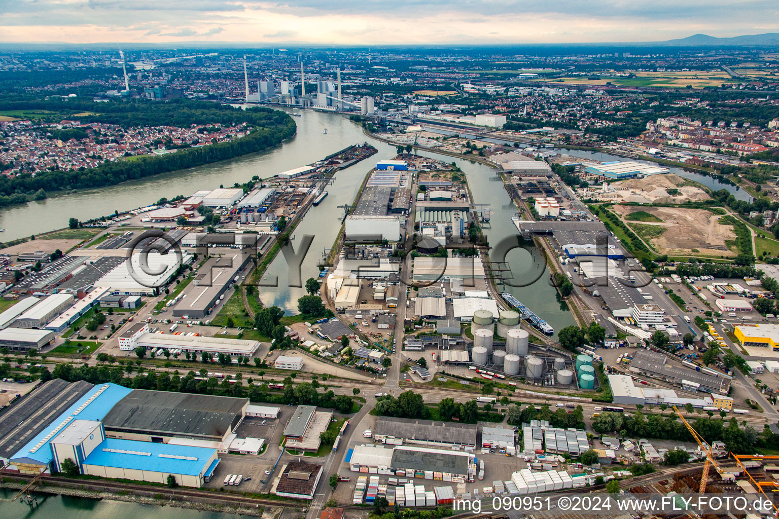 Aerial view of Harbor in the district Rheinau in Mannheim in the state Baden-Wuerttemberg, Germany