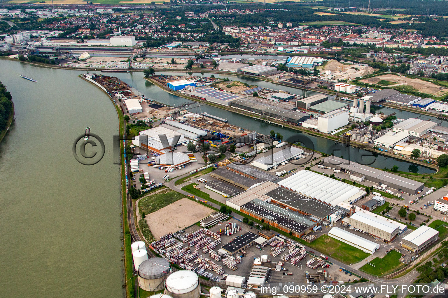 Oblique view of Rheinau Harbour in the district Rheinau in Mannheim in the state Baden-Wuerttemberg, Germany