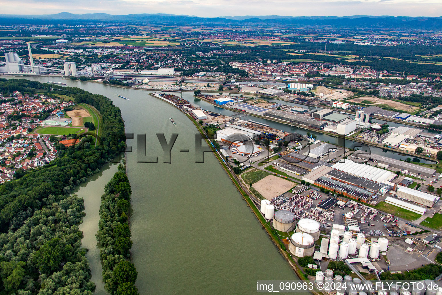 Rheinau Harbour in the district Rheinau in Mannheim in the state Baden-Wuerttemberg, Germany seen from above