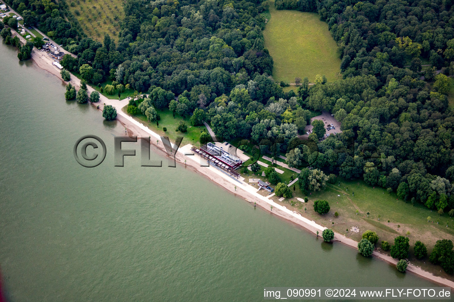 Aerial view of Rhine beach in the district Niederfeld in Mannheim in the state Baden-Wuerttemberg, Germany