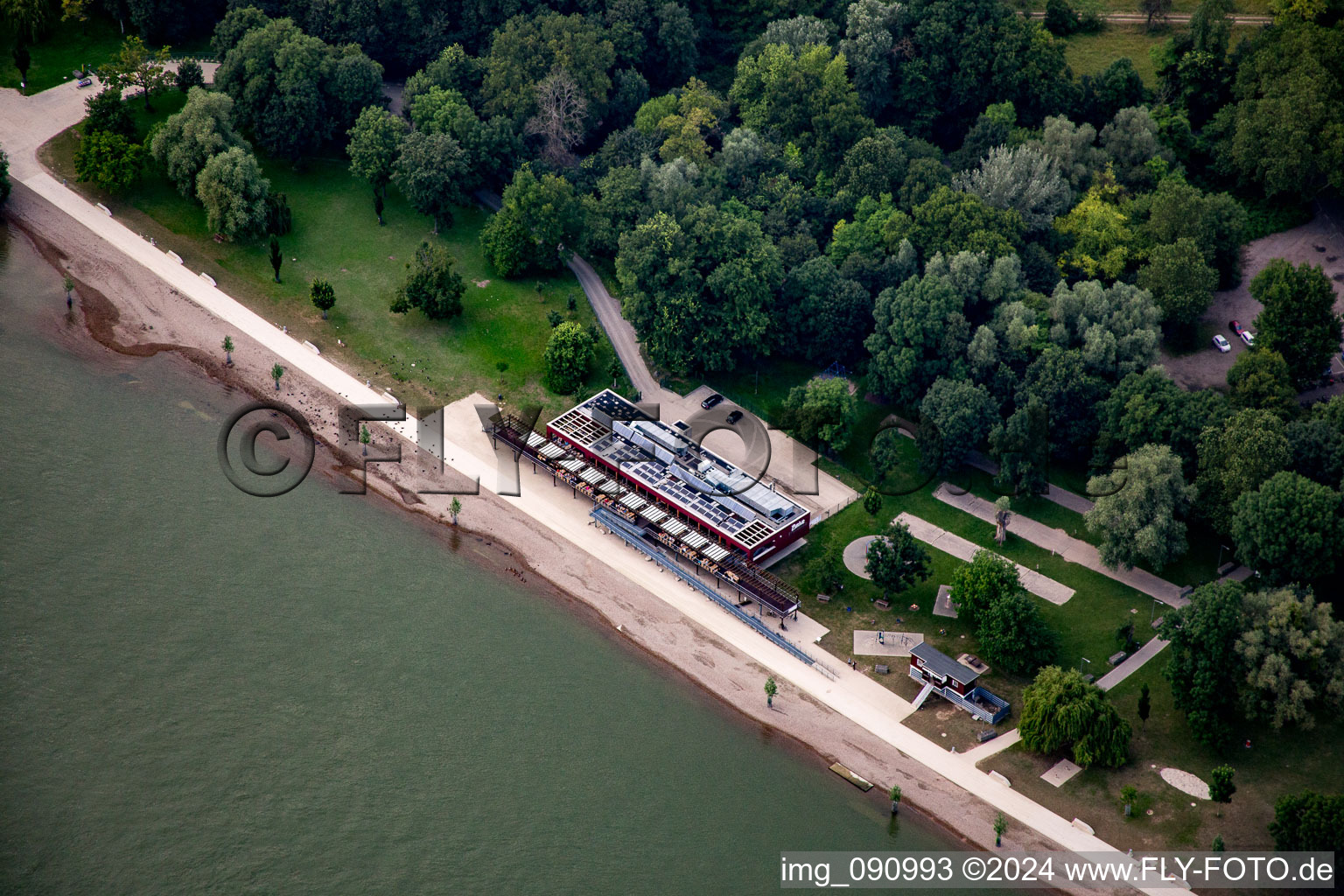 Aerial photograpy of Rhine beach in the district Niederfeld in Mannheim in the state Baden-Wuerttemberg, Germany