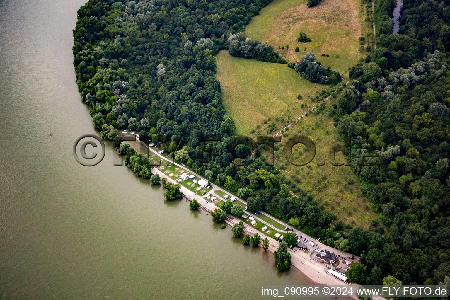 Oblique view of Rhine beach in the district Niederfeld in Mannheim in the state Baden-Wuerttemberg, Germany