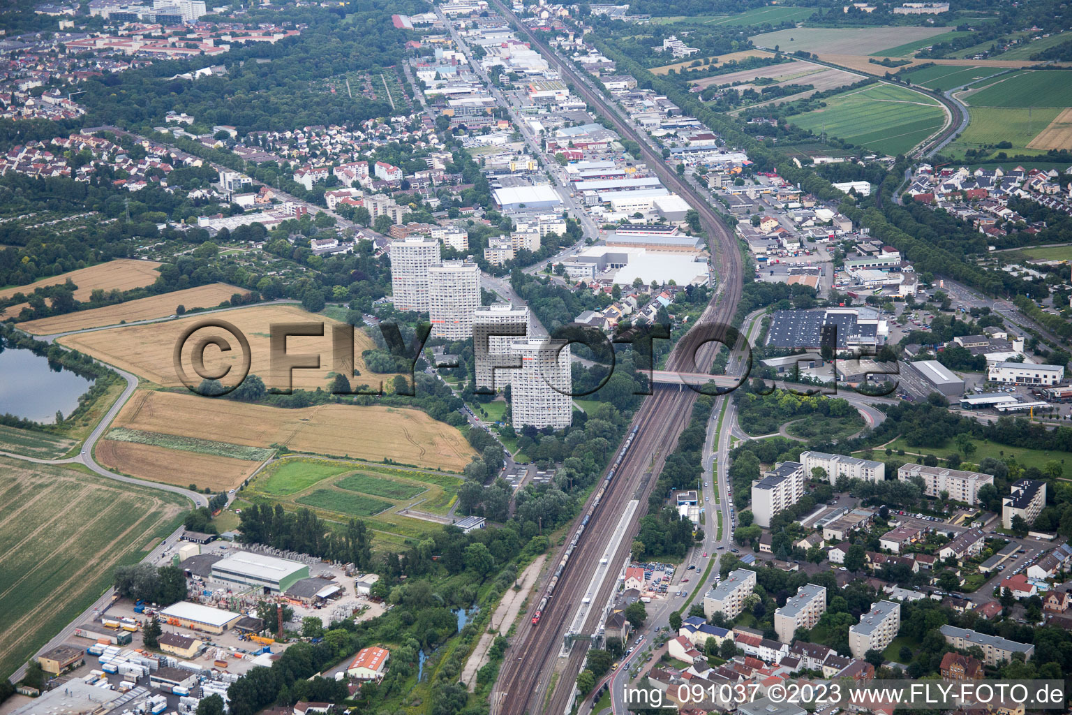 Aerial view of Industrial street in the district Friesenheim in Ludwigshafen am Rhein in the state Rhineland-Palatinate, Germany