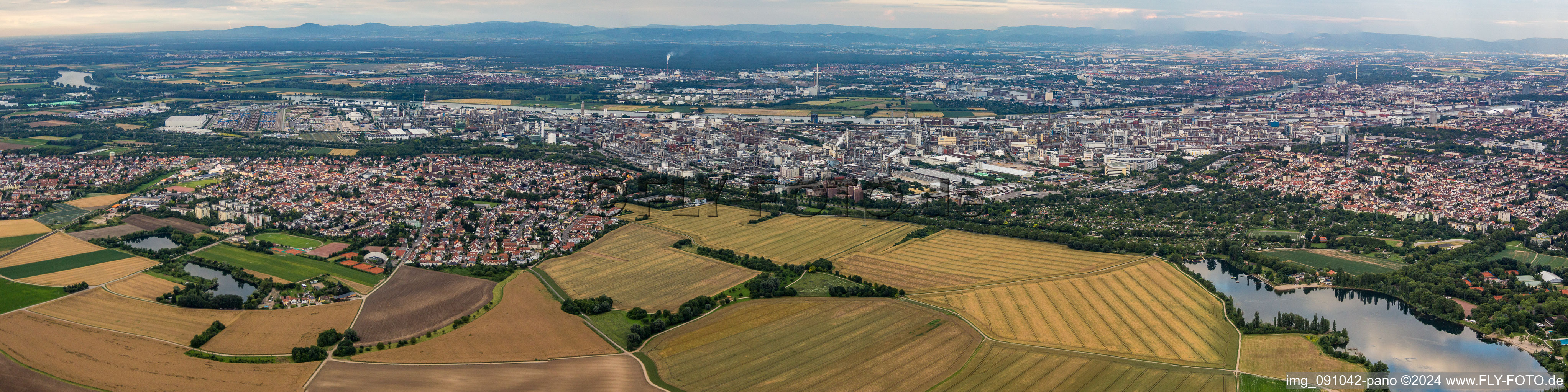 Panoramic perspective of Building and production halls on the premises of the chemical manufacturers BASF in Ludwigshafen am Rhein in the state Rhineland-Palatinate, Germany