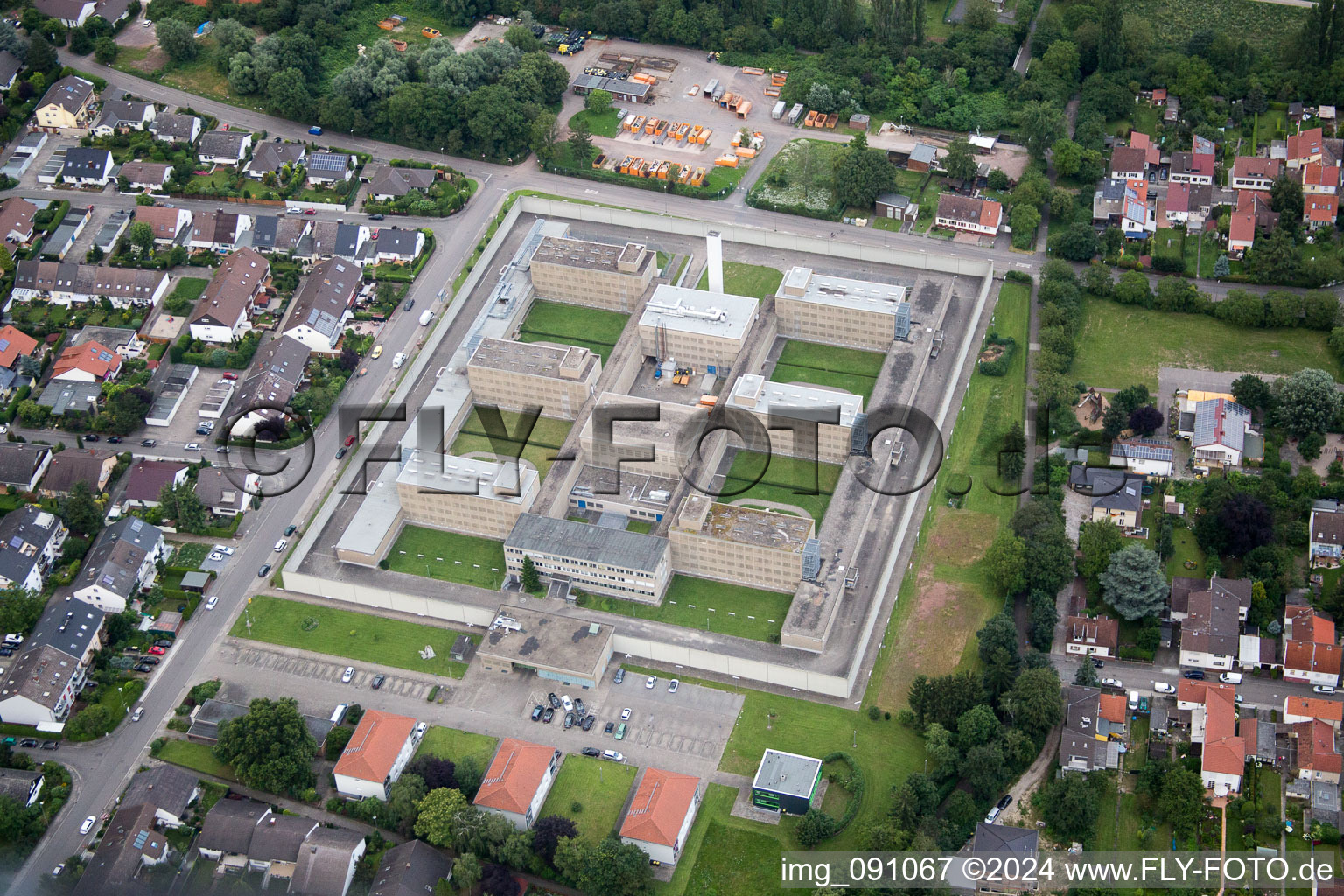 Aerial view of Surrounded by security fence premises of jail Justizvollzugsanstalt Frankenthal in Frankenthal (Pfalz) in the state Rhineland-Palatinate, Germany