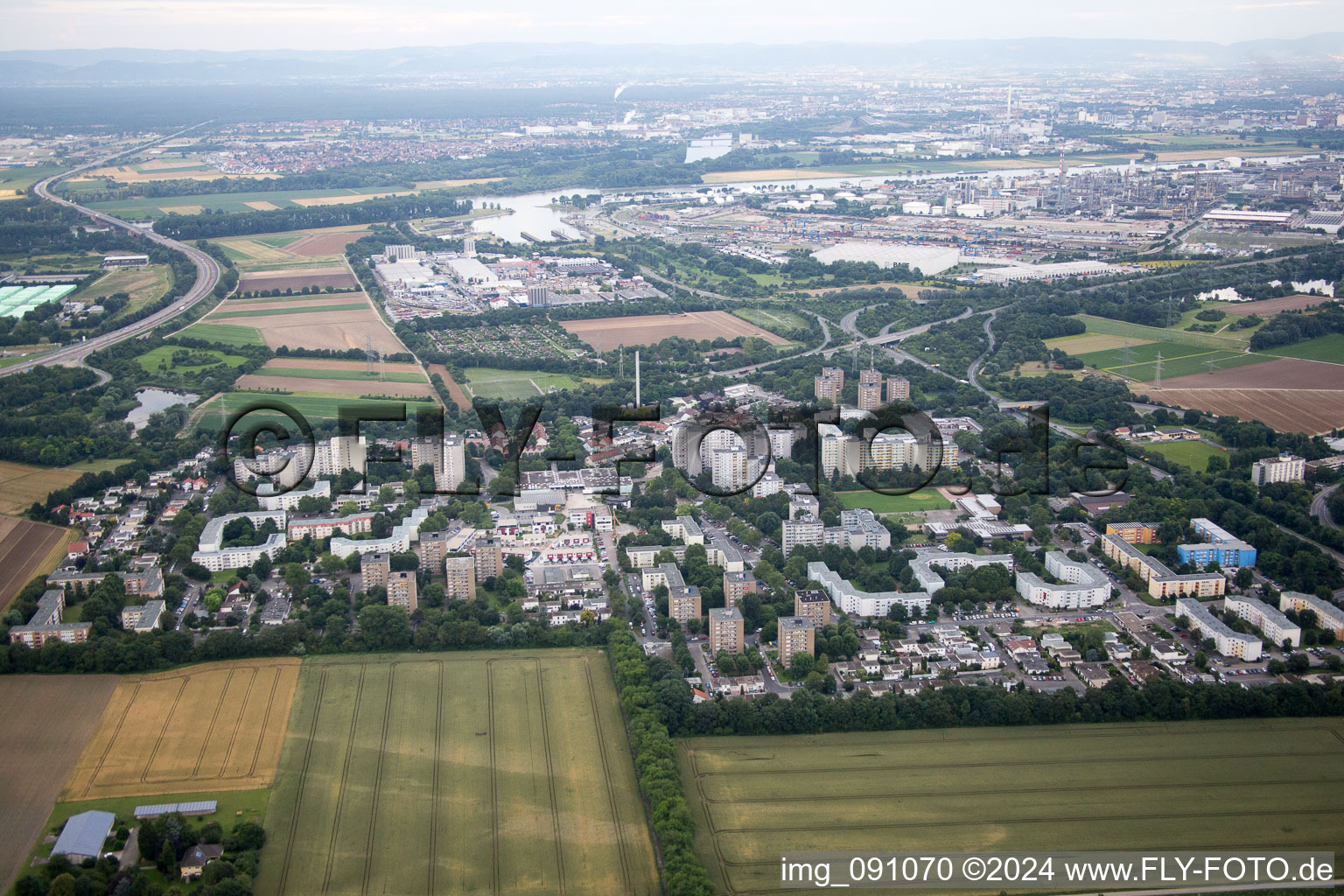 District Pfingstweide in Ludwigshafen am Rhein in the state Rhineland-Palatinate, Germany seen from above