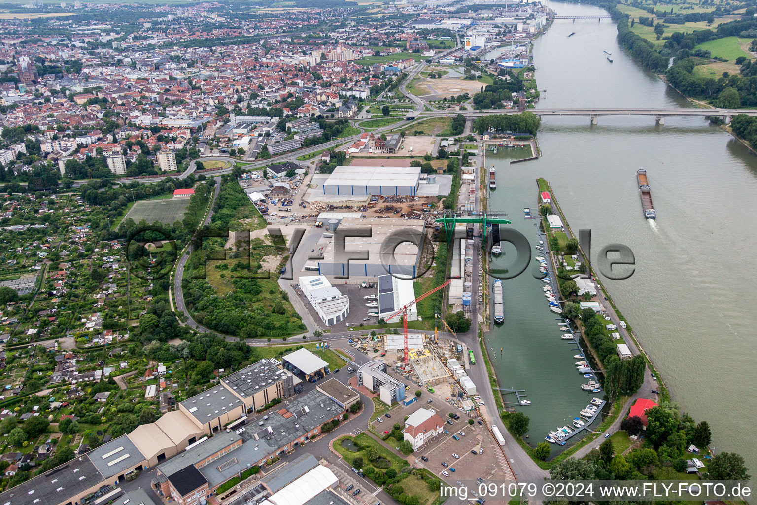Quays and boat moorings at the port of the inland port Flosshafen on Rhein in Worms in the state Rhineland-Palatinate, Germany