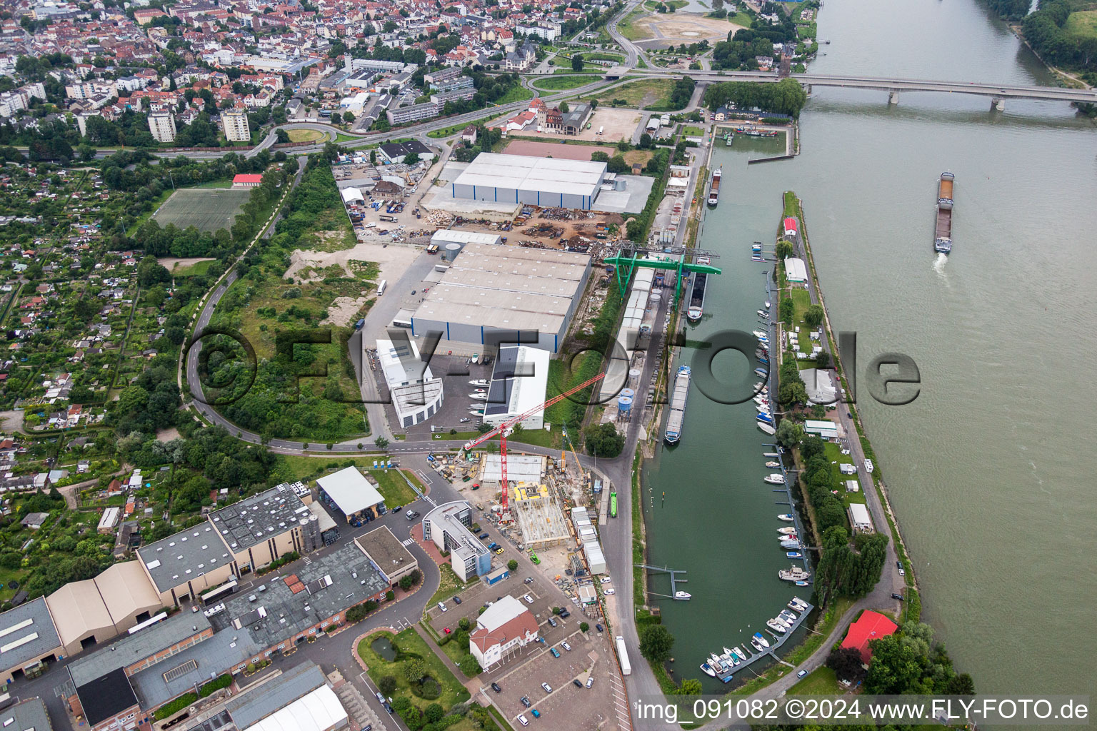 Aerial view of Quays and boat moorings at the port of the inland port Flosshafen on Rhein in Worms in the state Rhineland-Palatinate, Germany