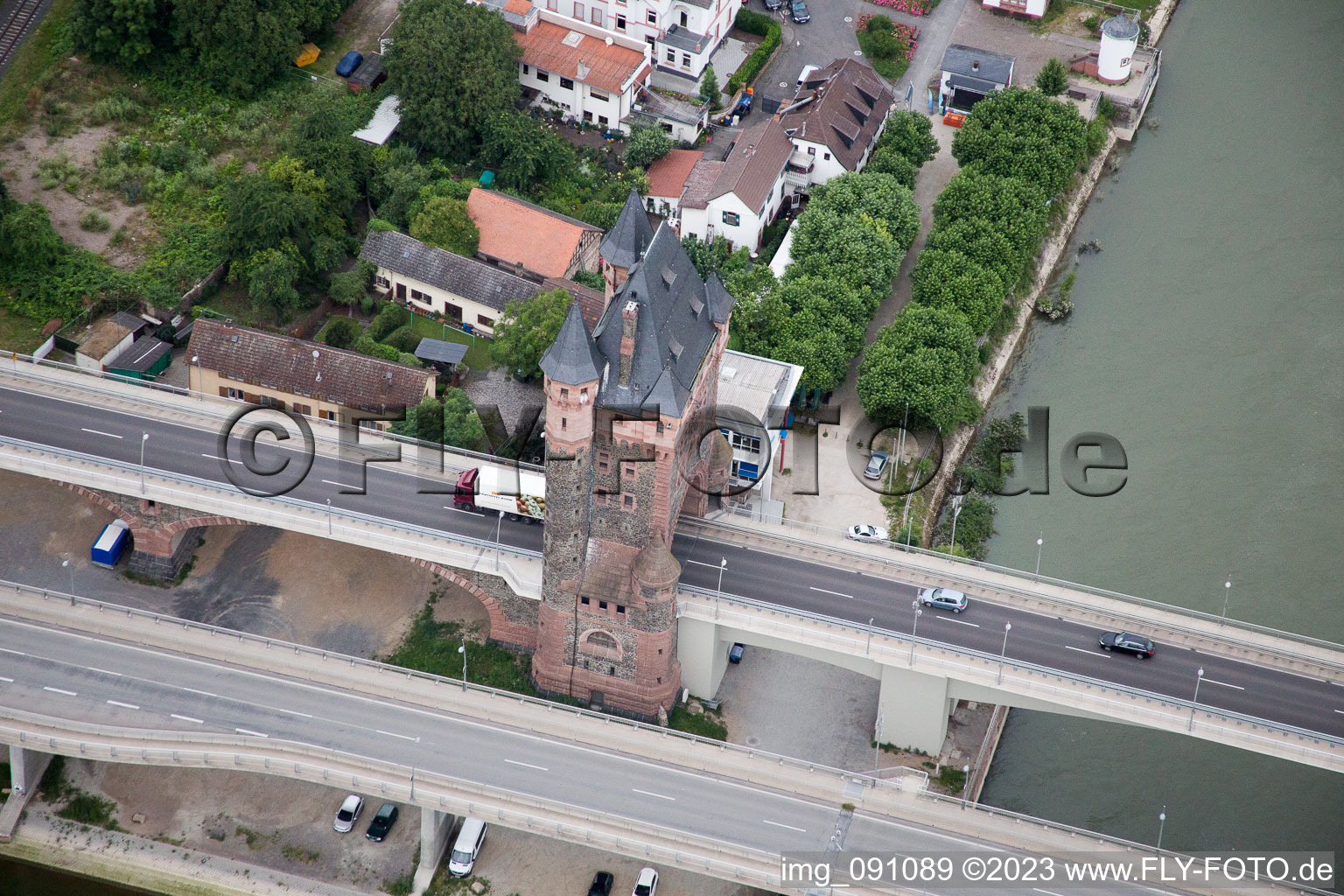 Aerial view of Nibelungen Bridge over the Rhine in Worms in the state Rhineland-Palatinate, Germany