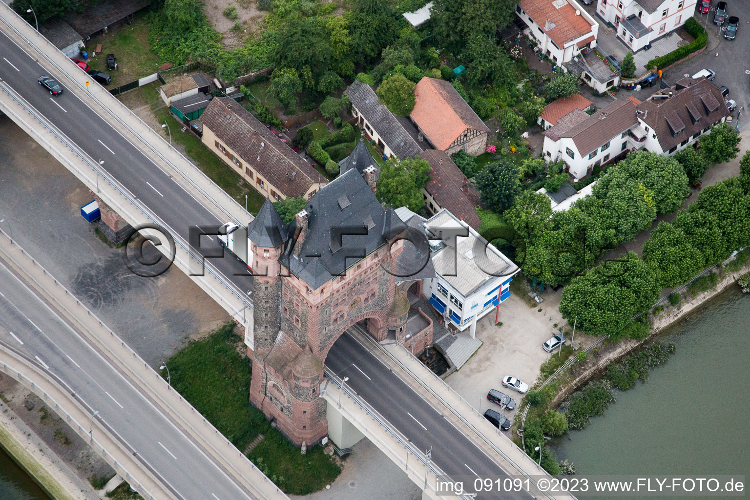 Aerial photograpy of Nibelungen Bridge over the Rhine in Worms in the state Rhineland-Palatinate, Germany