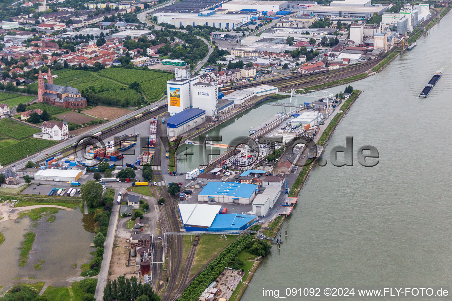 Quays and boat moorings at the port of the inland port of Rhenania Worms AG on the Rhine river in Worms in the state Rhineland-Palatinate, Germany