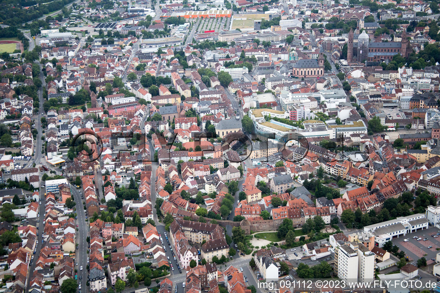 Aerial view of Old town in Worms in the state Rhineland-Palatinate, Germany