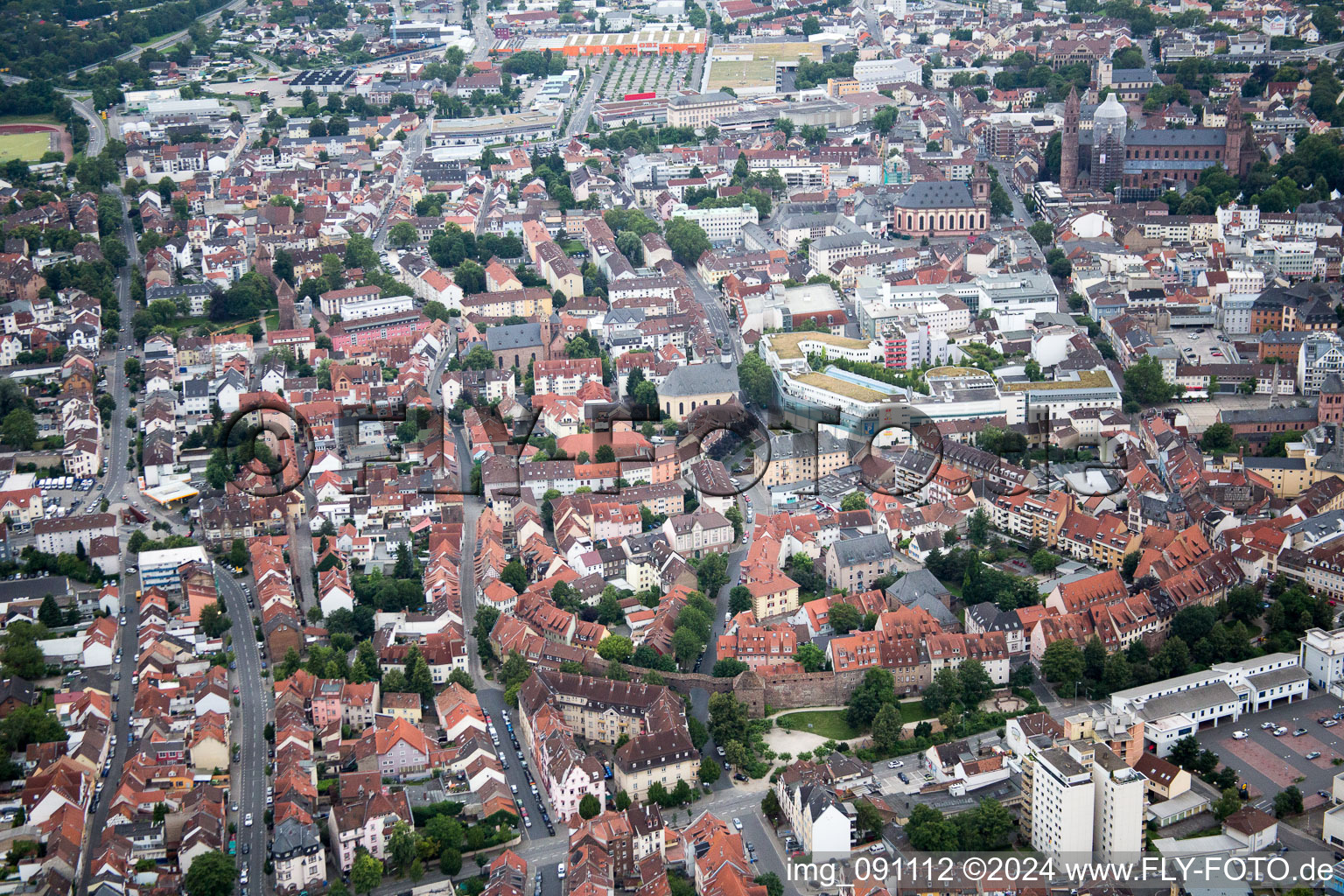 Aerial view of Old Town in Worms in the state Rhineland-Palatinate, Germany