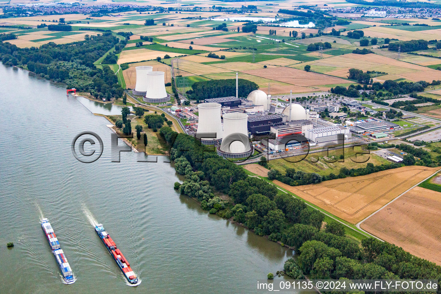 Bird's eye view of Nuclear power plant in the district Wattenheim in Biblis in the state Hesse, Germany