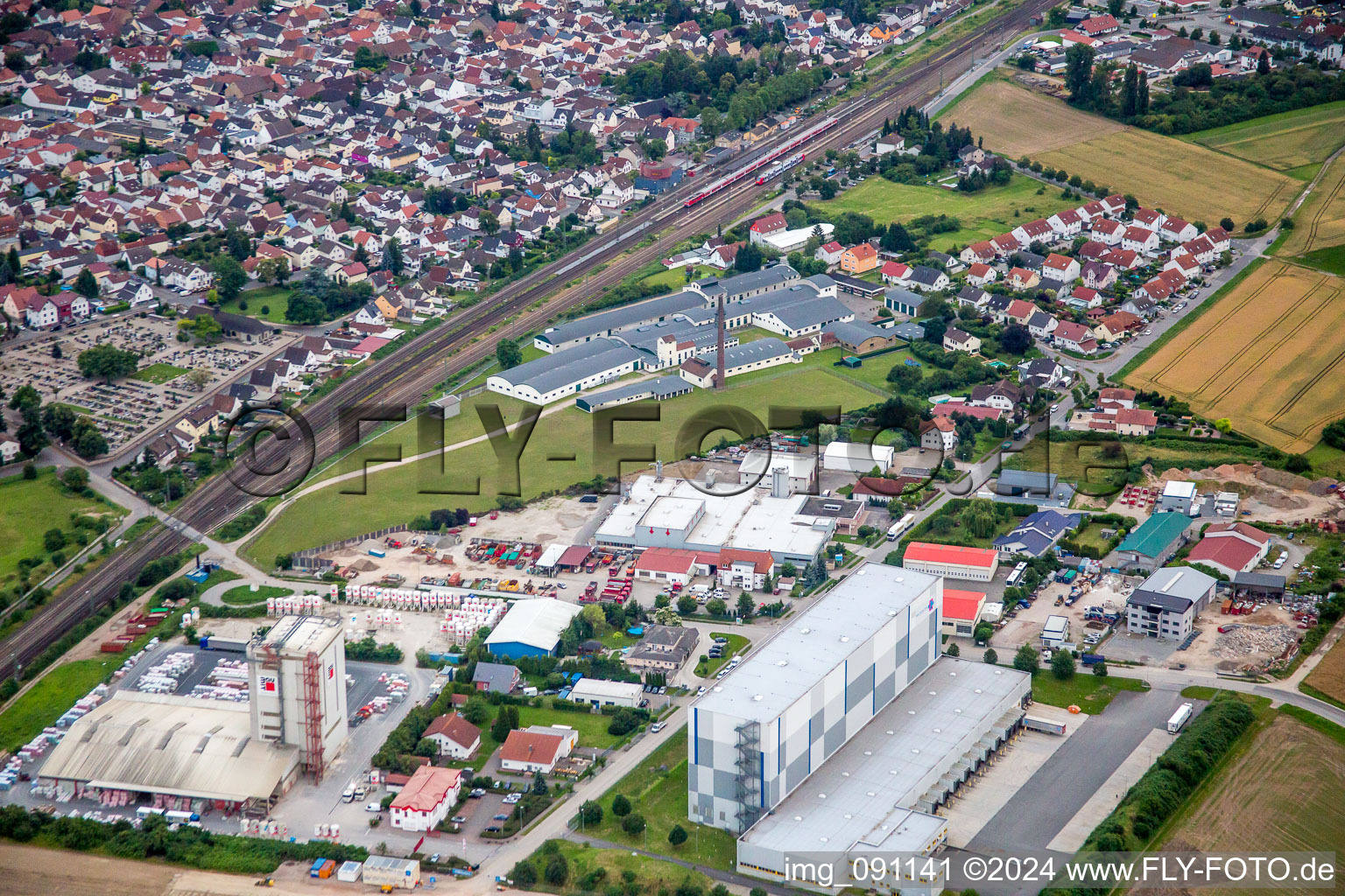 Biblis, Am Kreuz industrial estate with cucumber factory in Groß-Rohrheim in the state Hesse, Germany