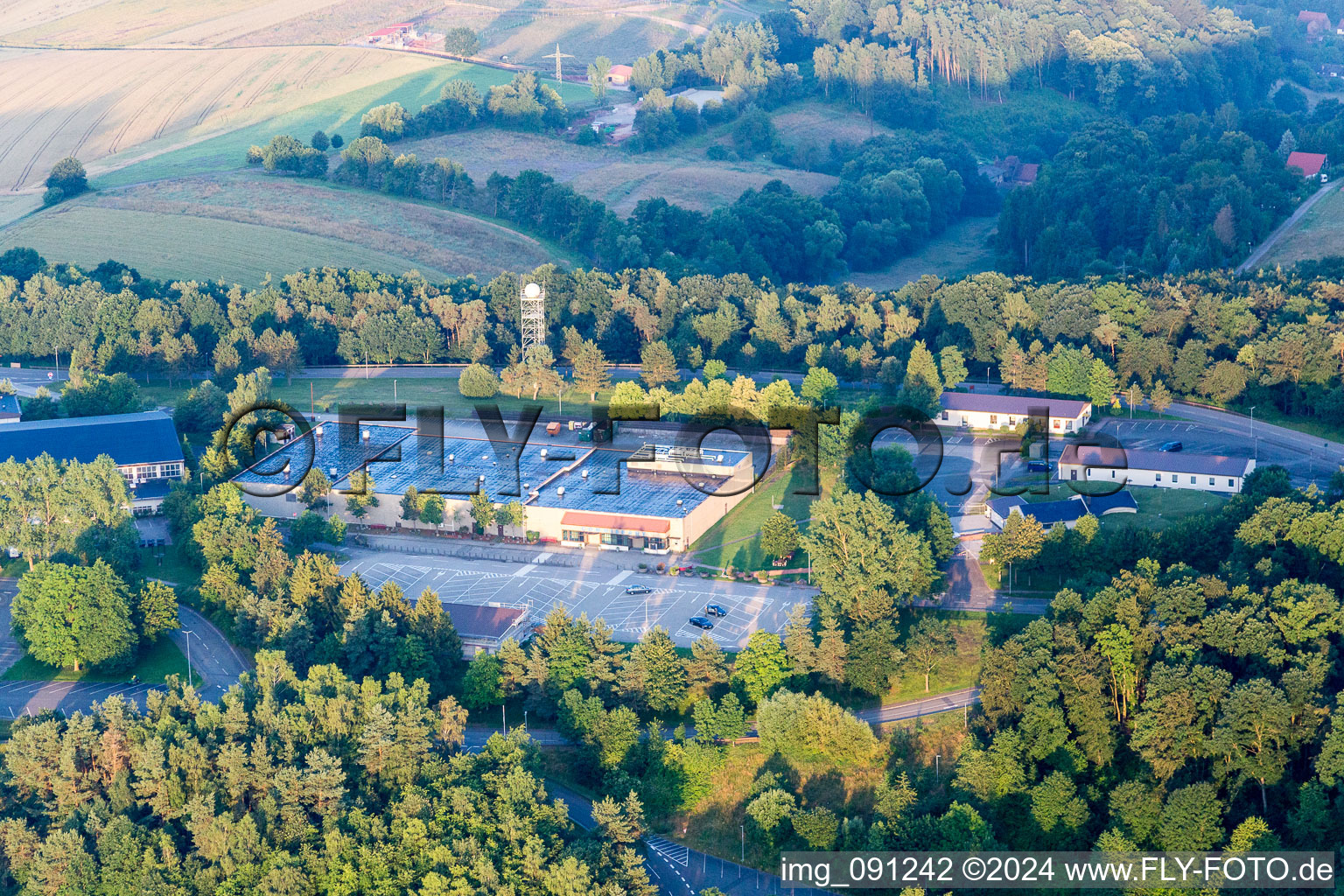 Aerial view of Building complex of the US army - military barracks Sembach Headquarters and AFN Europe in Sembach in the state Rhineland-Palatinate, Germany
