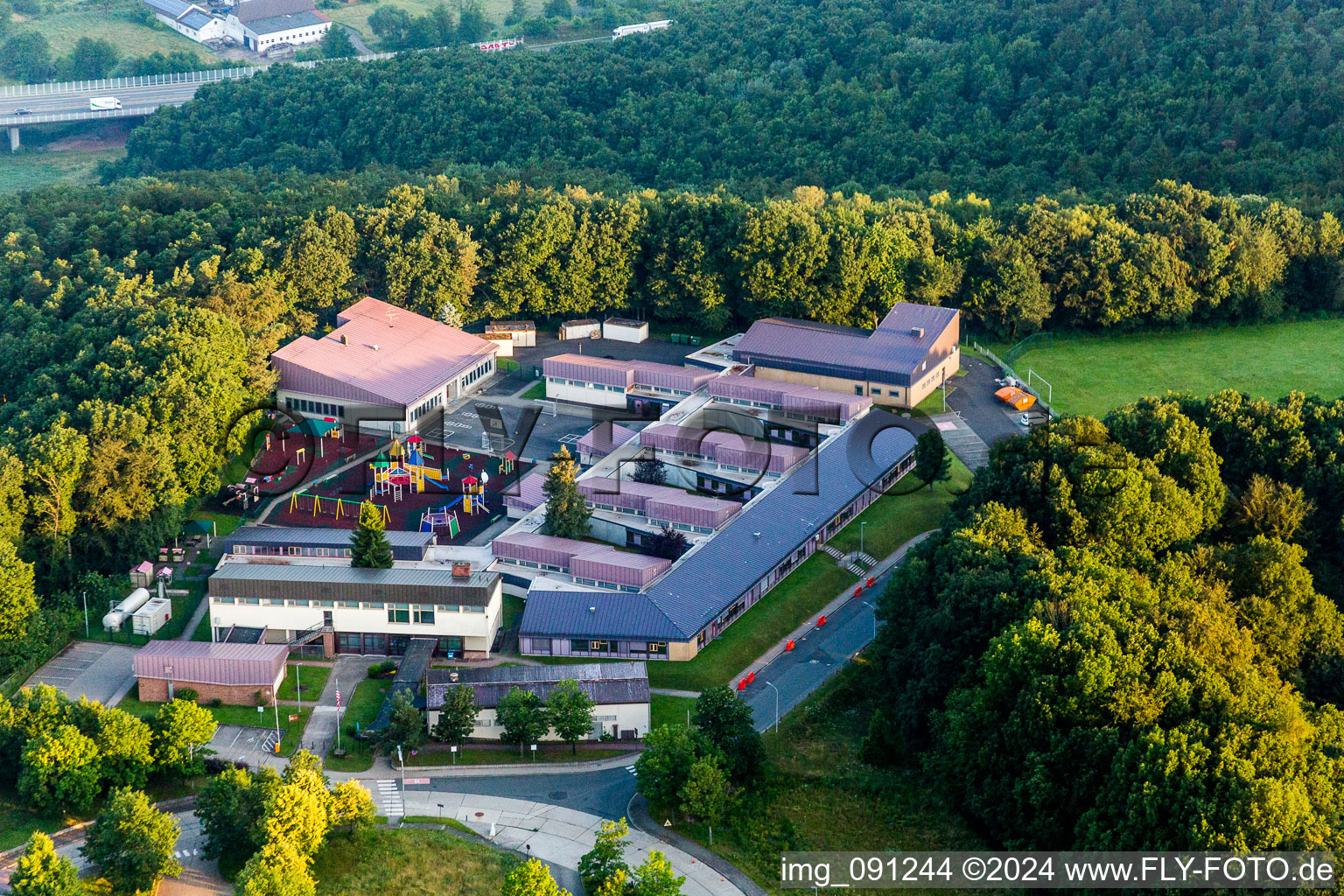 Aerial view of Building complex of the US army - military barracks Sembach Headquarters and AFN Europe in Sembach in the state Rhineland-Palatinate, Germany