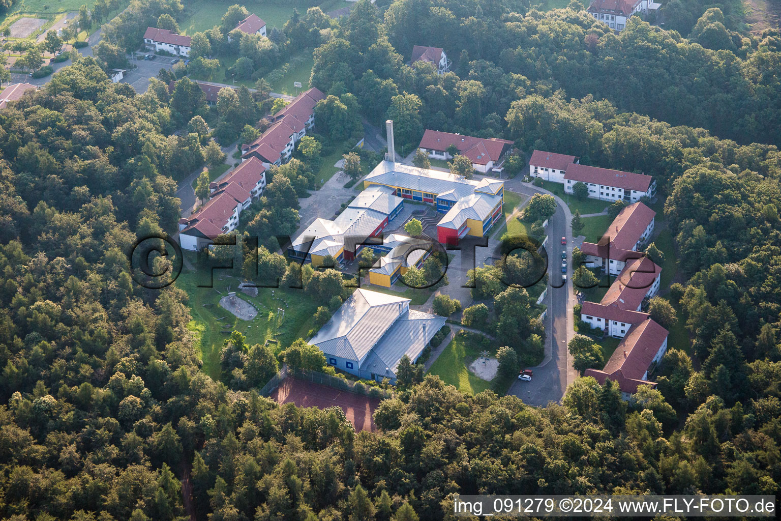 Schillerhain special education centre, a facility of the Evangelische Heimstiftung Pfalz (youth welfare) boarding school with school. Above centre is the “Haus Michel” owned by the Heimstiftung. Above right is the former BASF recreation centre in Kirchheimbolanden in the state Rhineland-Palatinate, Germany