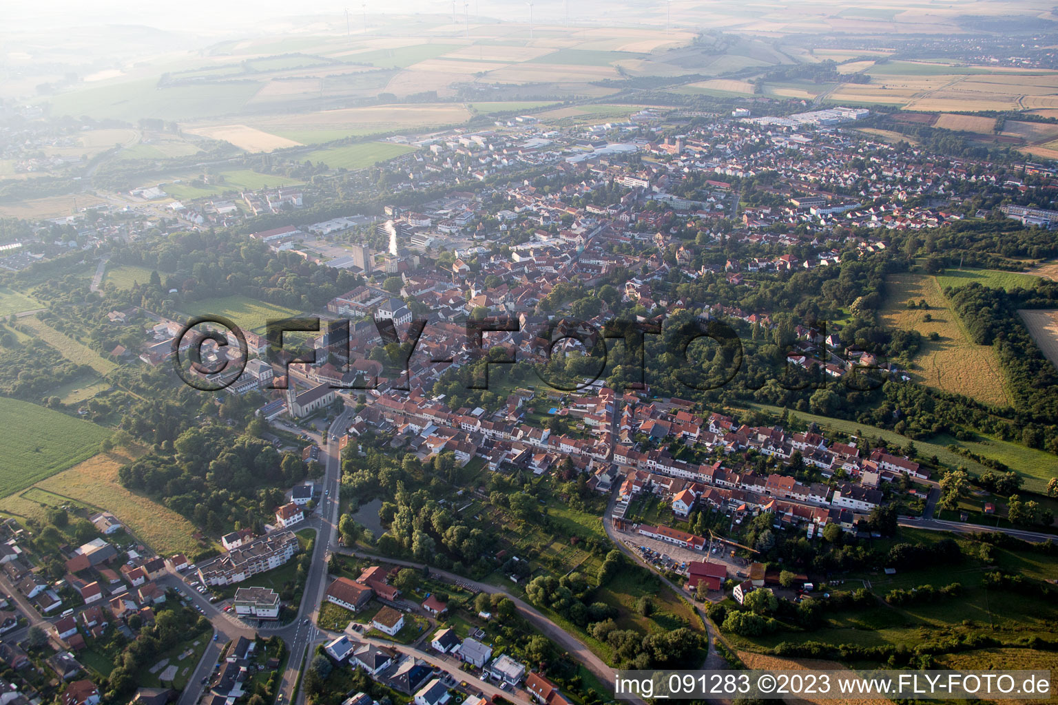 Aerial view of Town View of the streets and houses of the residential areas in Kirchheimbolanden in the state Rhineland-Palatinate, Germany