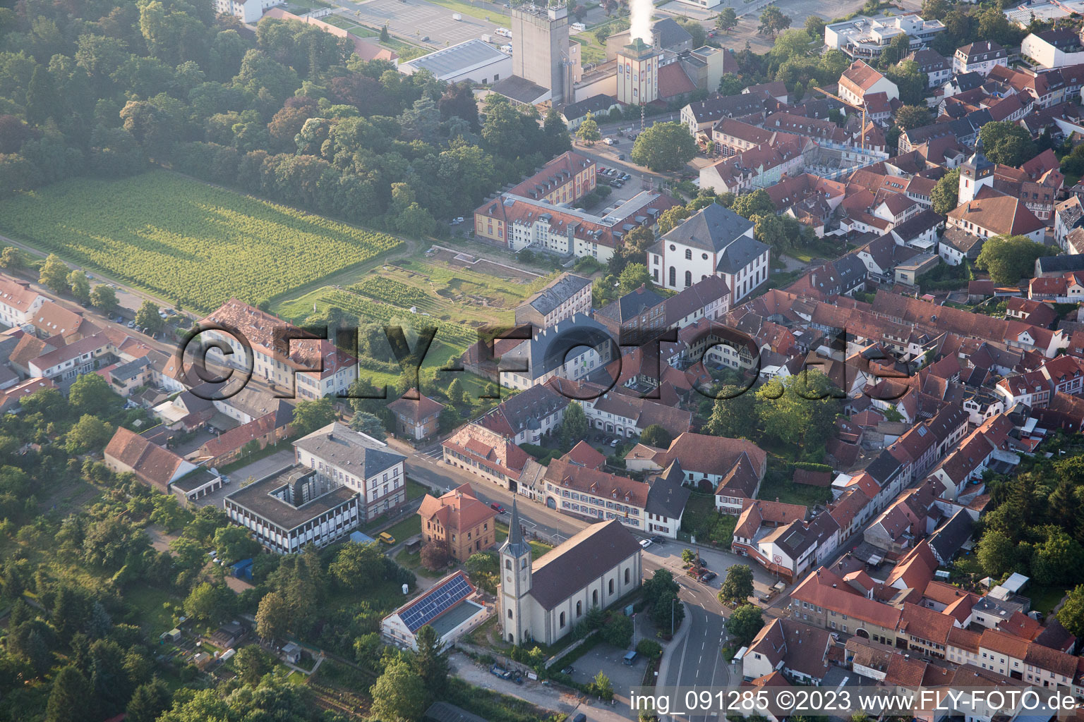 Aerial view of Church building in Hl. Anna Old Town- center of downtown in Kirchheimbolanden in the state Rhineland-Palatinate, Germany