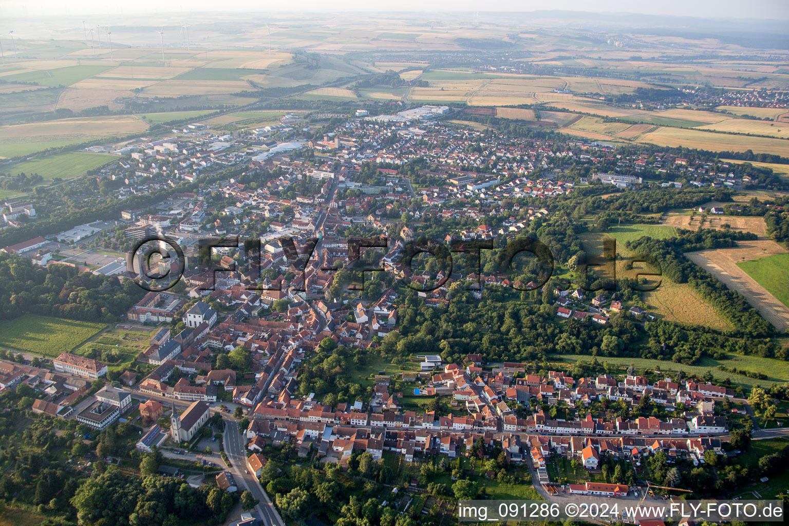 Aerial photograpy of Town View of the streets and houses of the residential areas in Kirchheimbolanden in the state Rhineland-Palatinate, Germany
