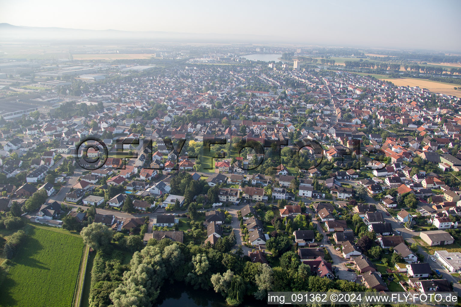 Biebesheim am Rhein in the state Hesse, Germany from the plane