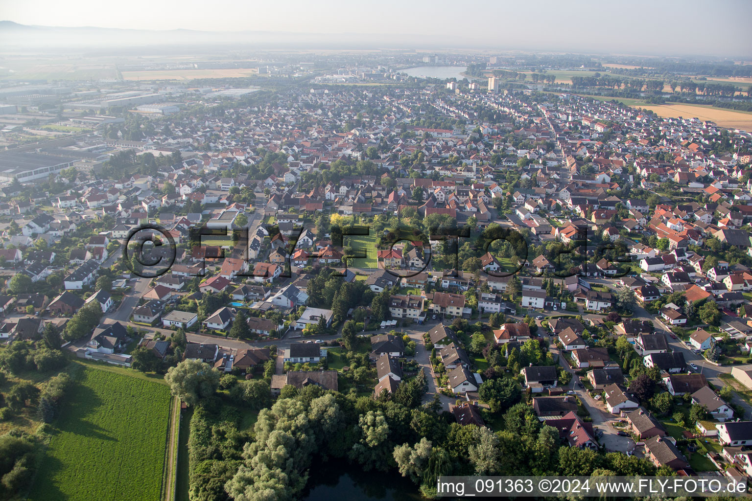 Bird's eye view of Biebesheim am Rhein in the state Hesse, Germany