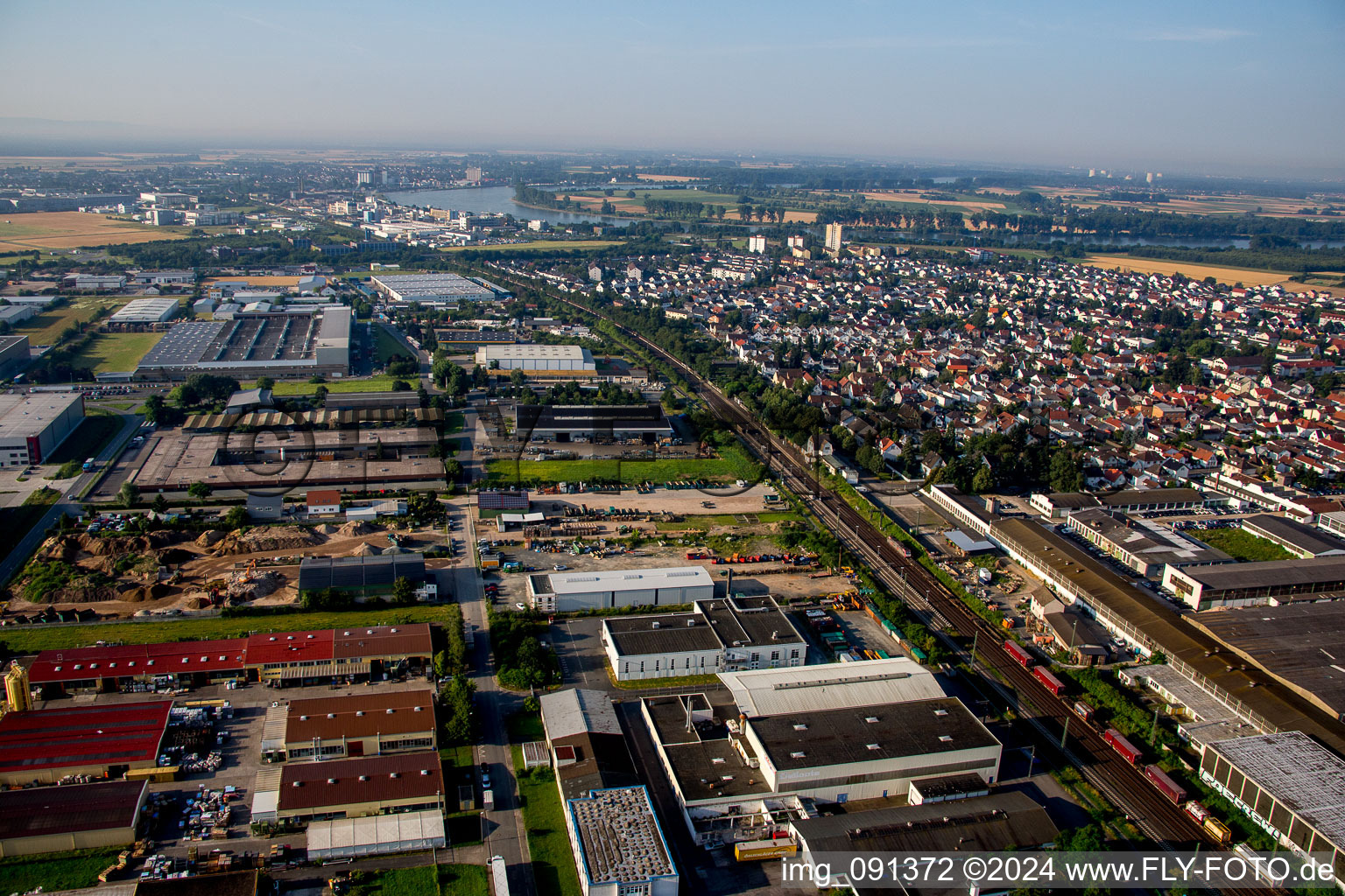 Aerial view of Biebesheim am Rhein in the state Hesse, Germany