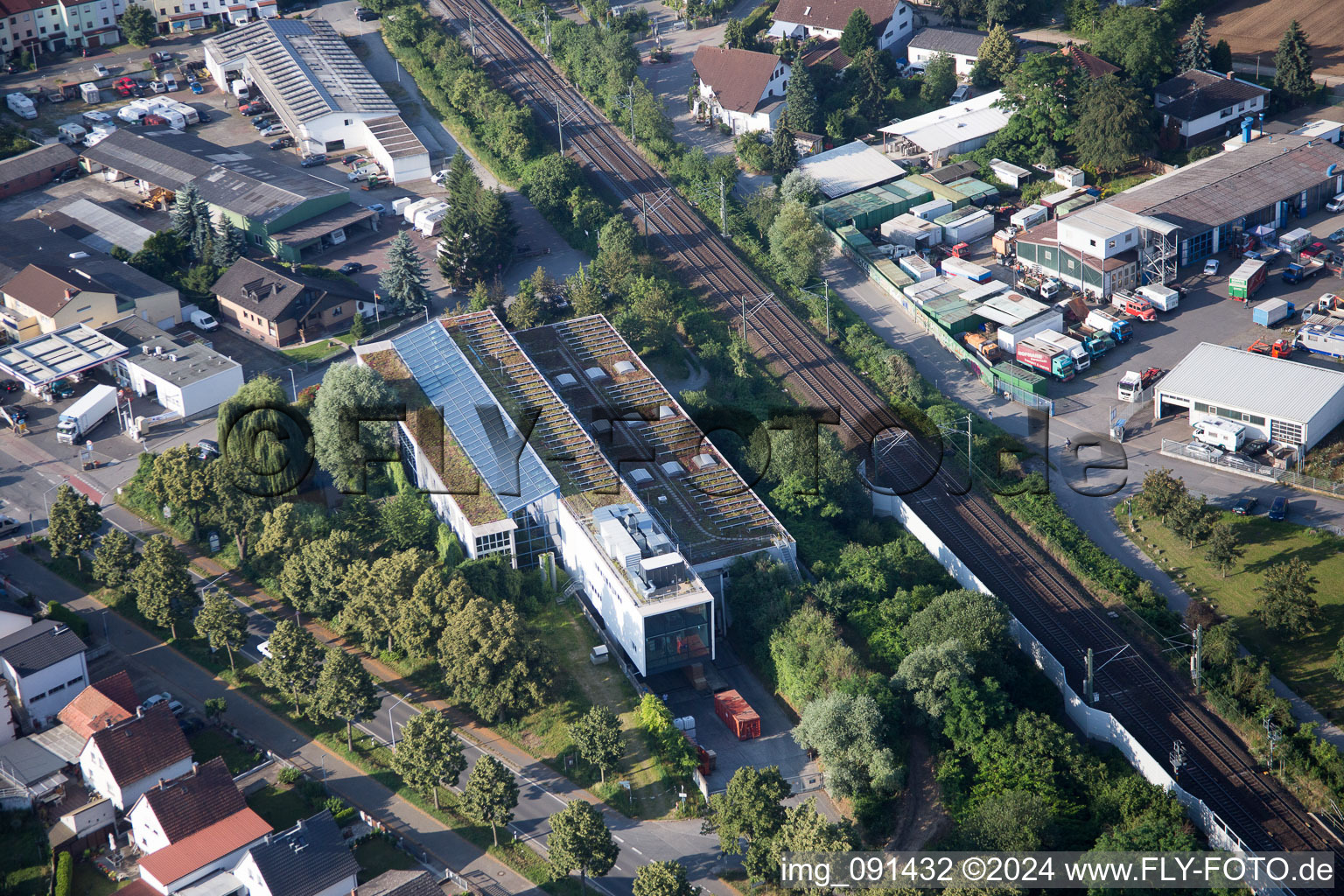 Sandwiese Industrial Area in Alsbach-Hähnlein in the state Hesse, Germany seen from a drone