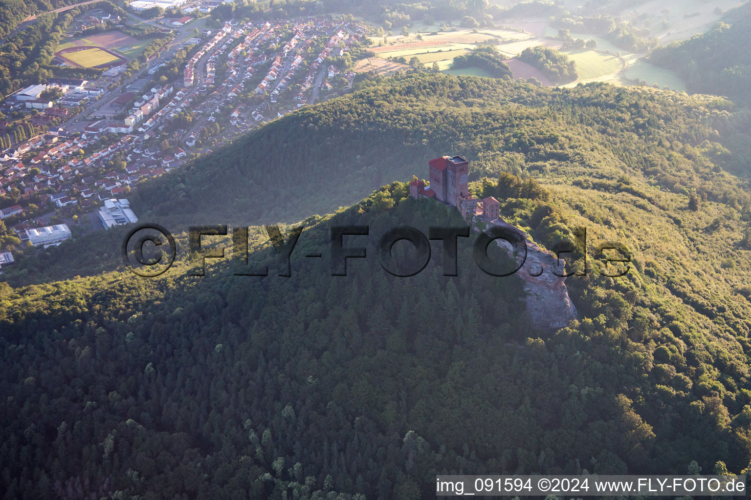 Aerial photograpy of Trifels climbing rocks in Annweiler am Trifels in the state Rhineland-Palatinate, Germany