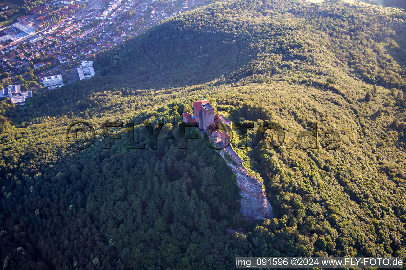 Drone image of Trifels Castle in Annweiler am Trifels in the state Rhineland-Palatinate, Germany