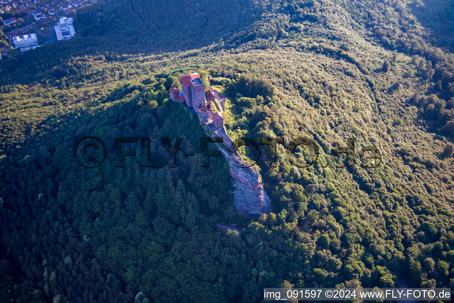 Trifels Castle in Annweiler am Trifels in the state Rhineland-Palatinate, Germany from the drone perspective