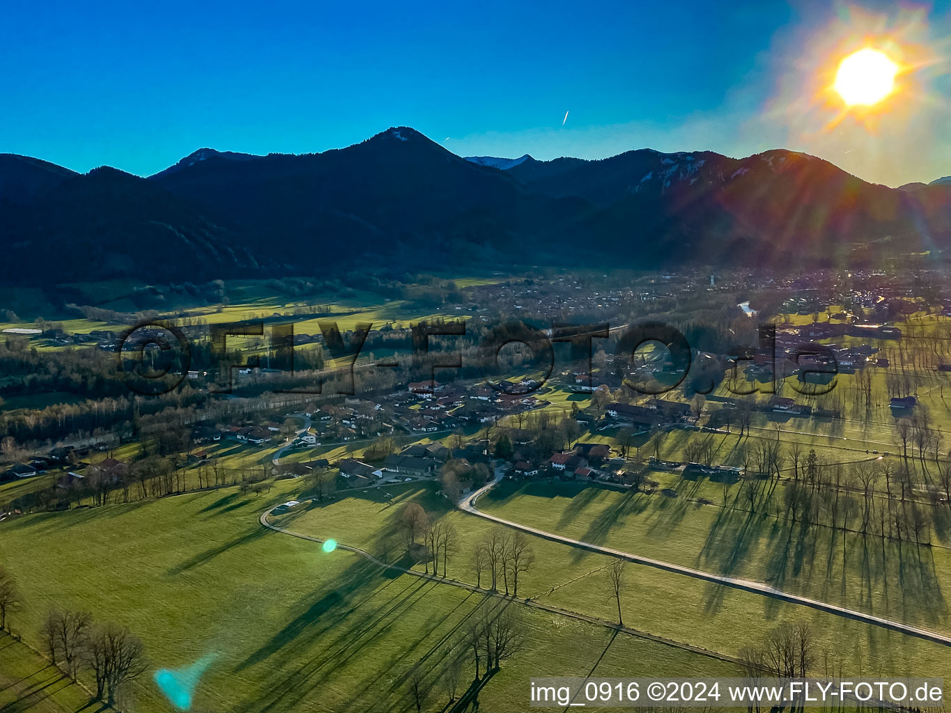 Aerial view of Sunrise over the Isar Valley in Lenggries in the state Bavaria, Germany