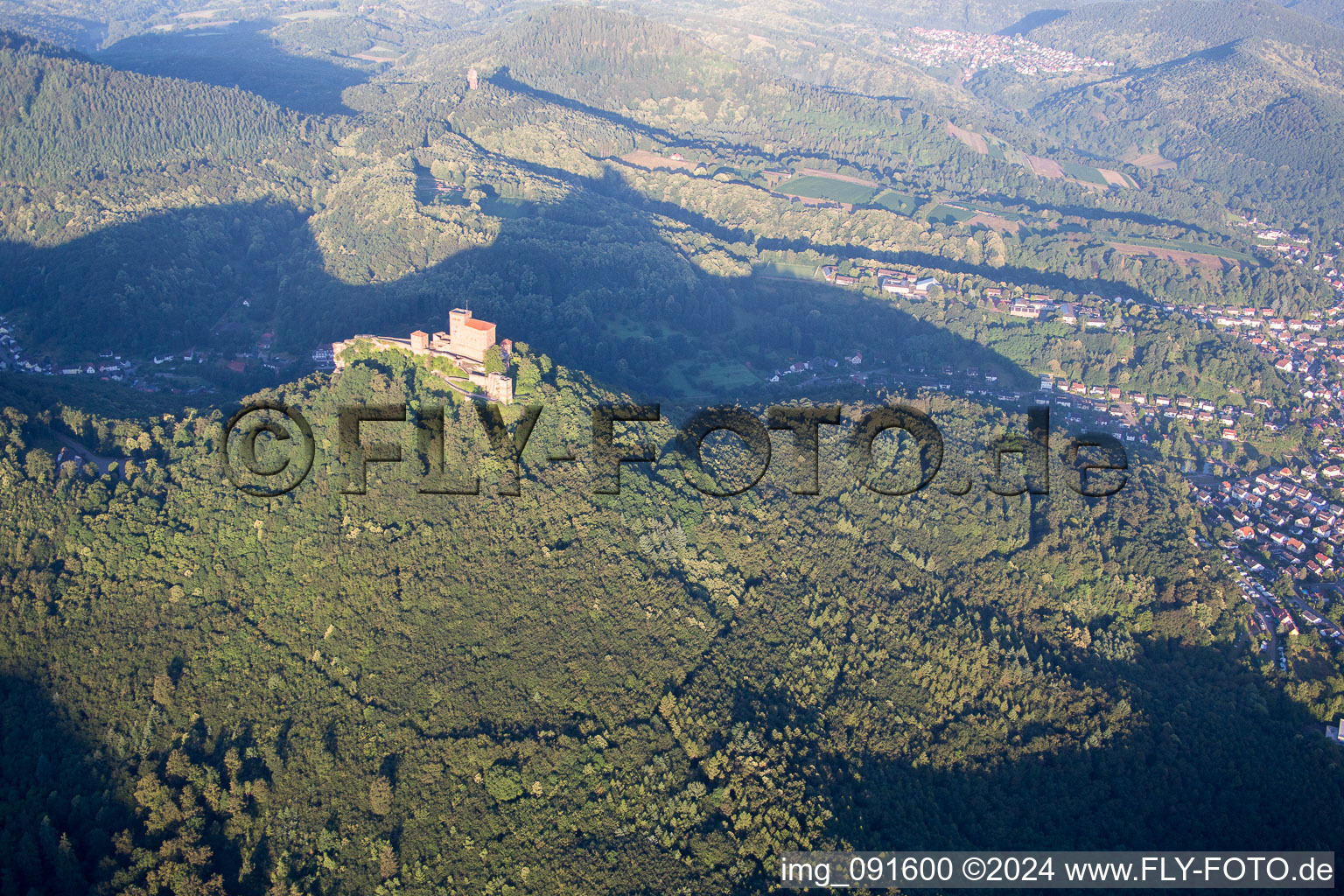 Trifels Castle in Annweiler am Trifels in the state Rhineland-Palatinate, Germany from a drone