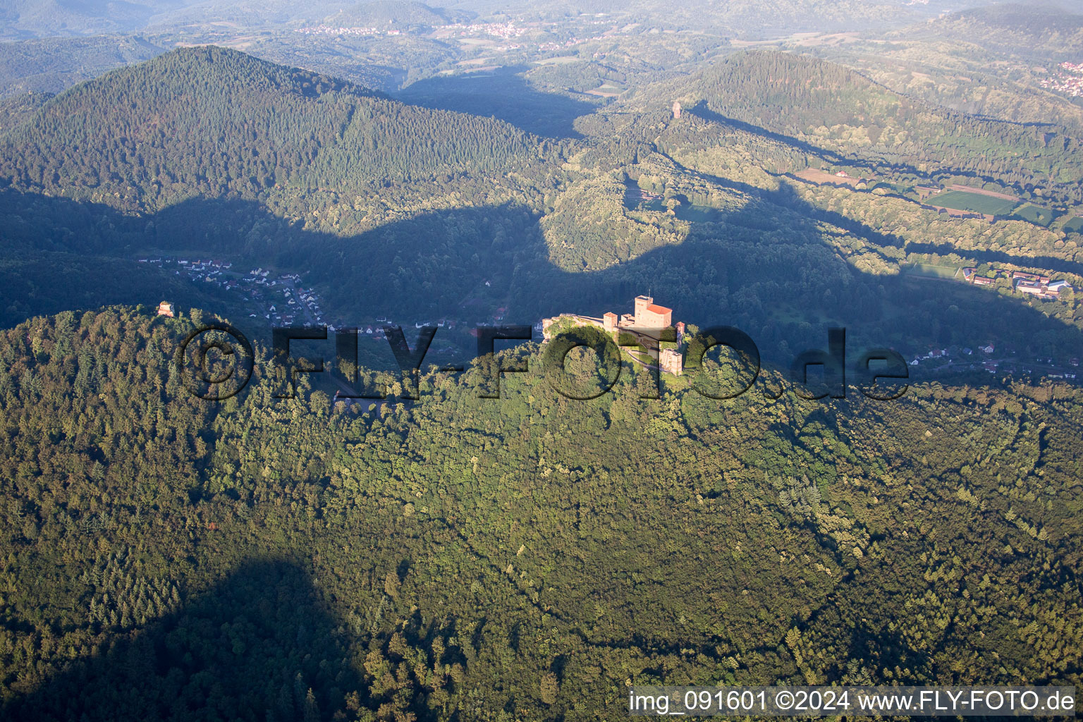 Trifels Castle in Annweiler am Trifels in the state Rhineland-Palatinate, Germany seen from a drone