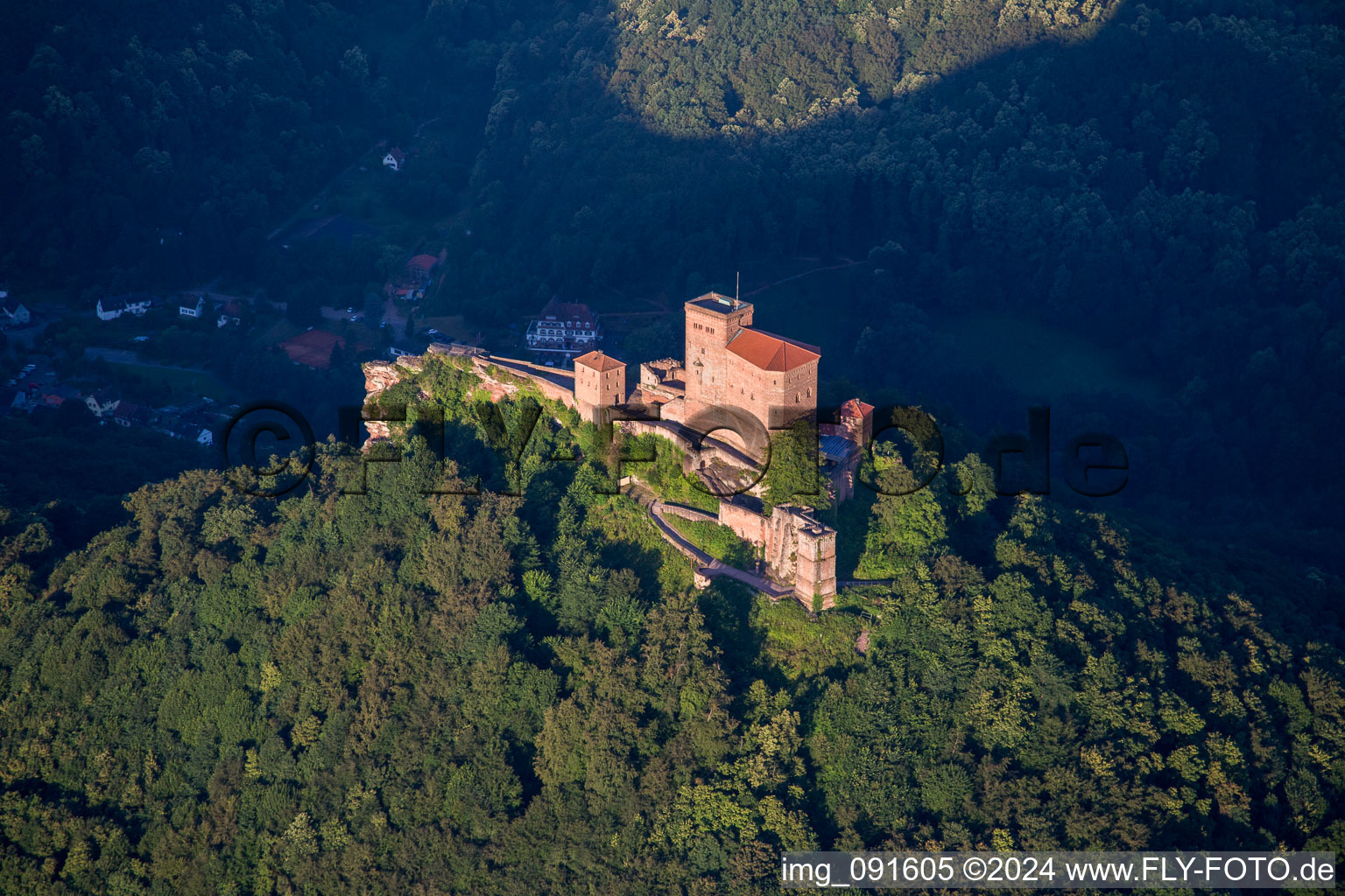 Trifels Castle in Annweiler am Trifels in the state Rhineland-Palatinate, Germany from above