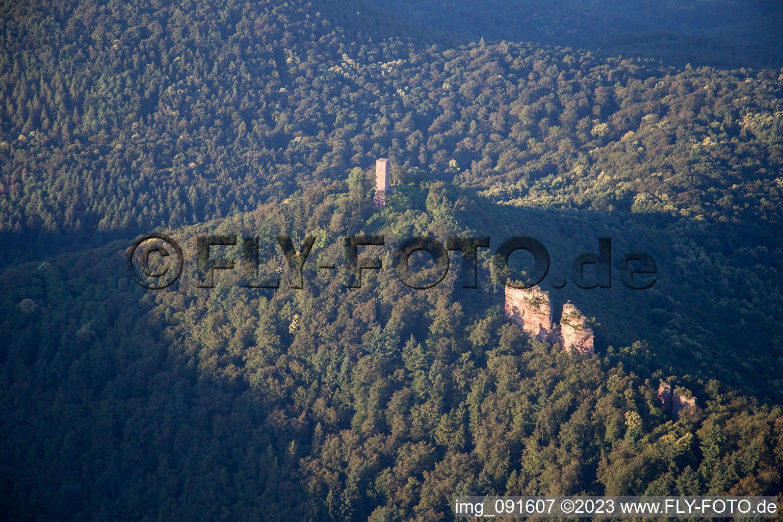 Trifels Castle in Annweiler am Trifels in the state Rhineland-Palatinate, Germany seen from above