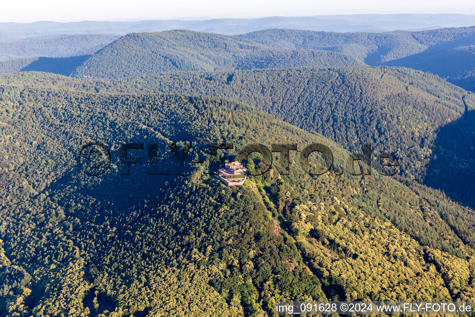 Aerial view of Castle of the fortress Rietburg in Rhodt unter Rietburg in the state Rhineland-Palatinate, Germany