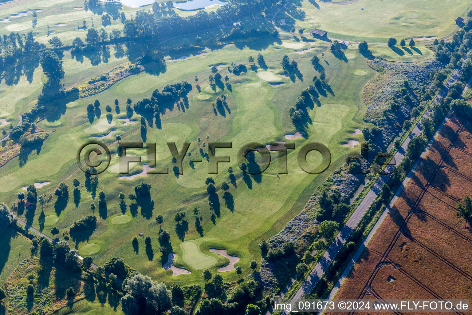 Aerial view of Grounds of the Golf course at Golfplatz Kurpfalz in Limburgerhof in the state Rhineland-Palatinate, Germany