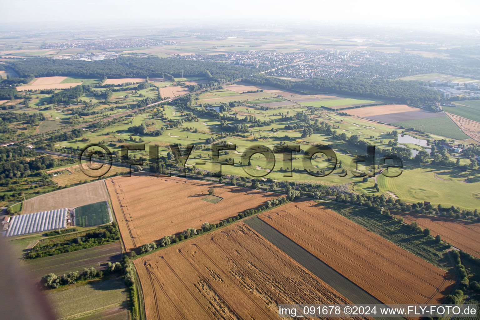 Oblique view of Grounds of the Golf course at Golfplatz Kurpfalz in Limburgerhof in the state Rhineland-Palatinate, Germany