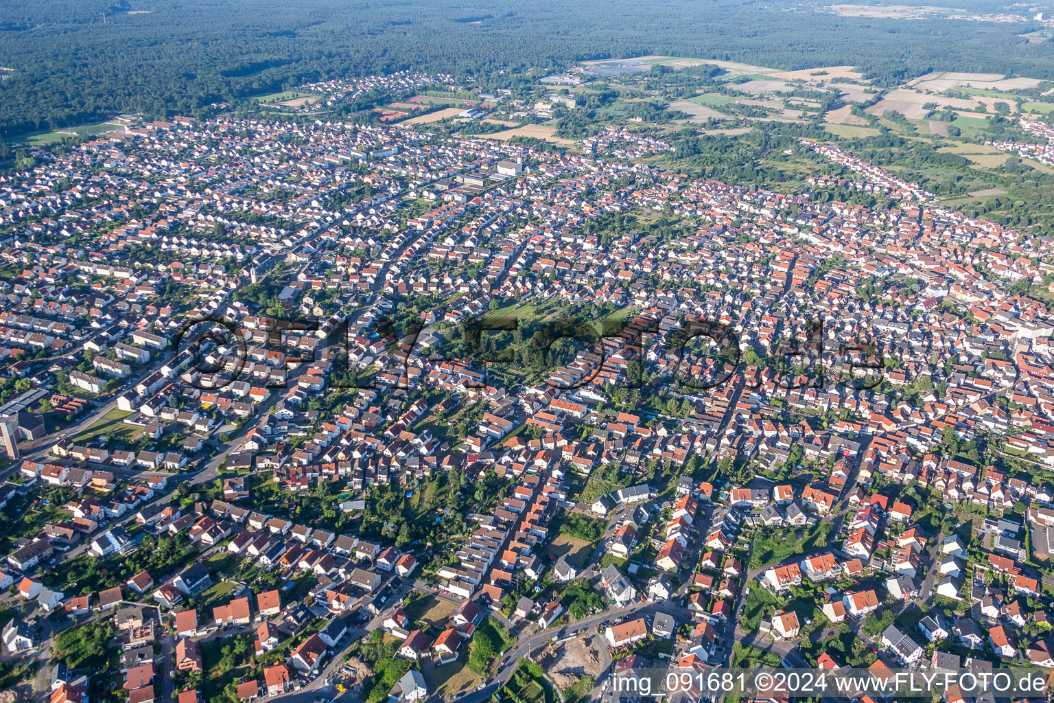 Aerial view of City area with outside districts and inner city area in Schifferstadt in the state Rhineland-Palatinate, Germany