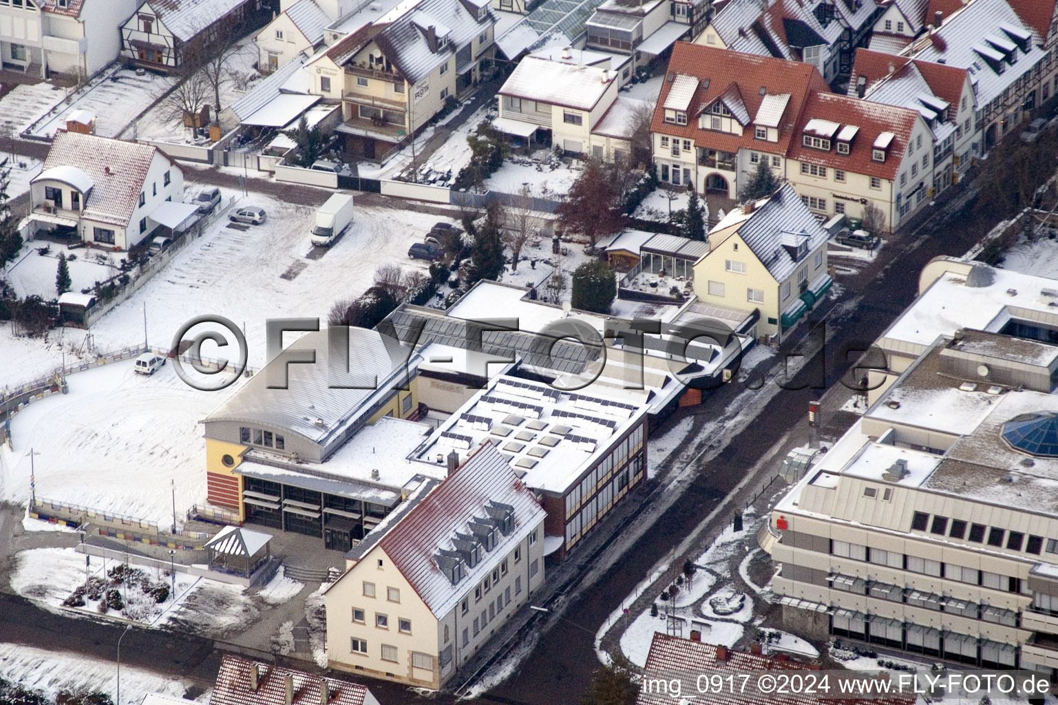 Wintry snowy Town Hall building of the city administration Verbandsgemeinde and Stadt Kandel in Kandel in the state Rhineland-Palatinate