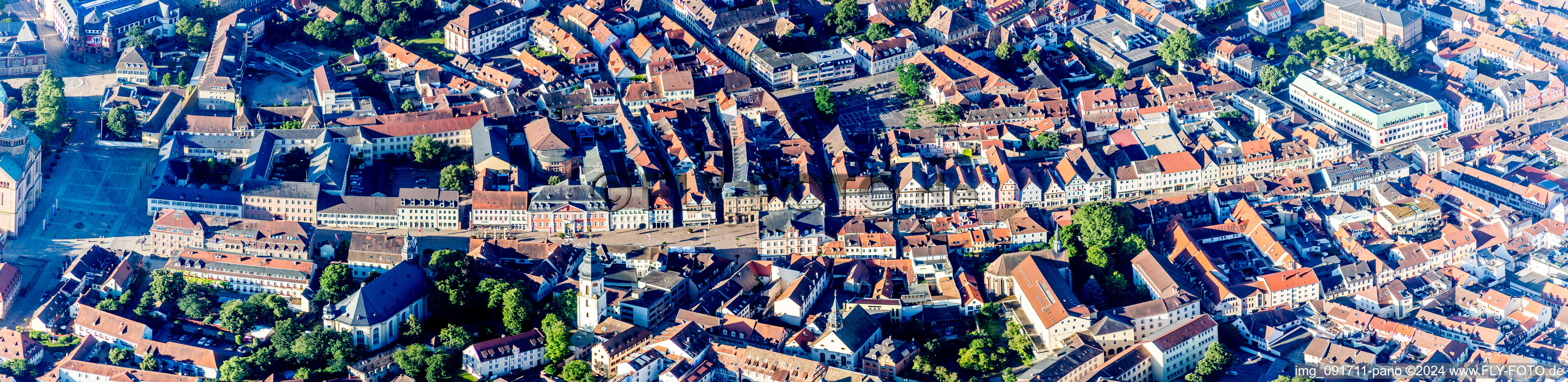 Aerial view of Panoramic perspective of famous promenade and shopping street Maximilianstreet from the dome til the Altpoertel in Speyer in the state Rhineland-Palatinate, Germany