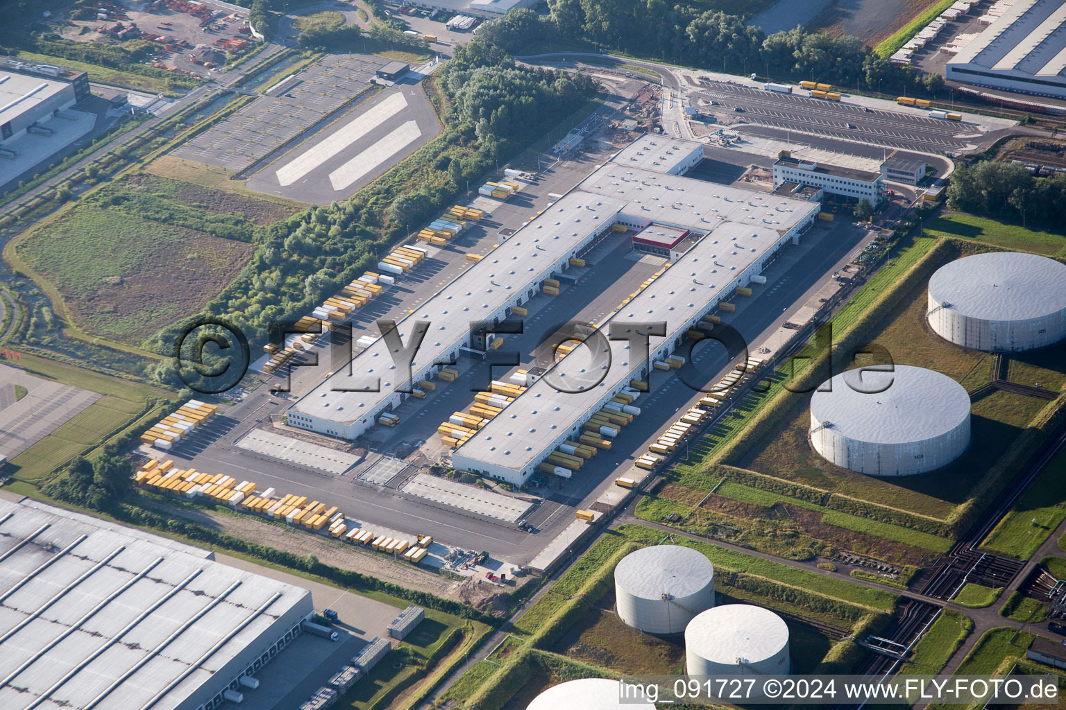 Aerial photograpy of Industrial area at the airport, DHL logistics center in Speyer in the state Rhineland-Palatinate, Germany