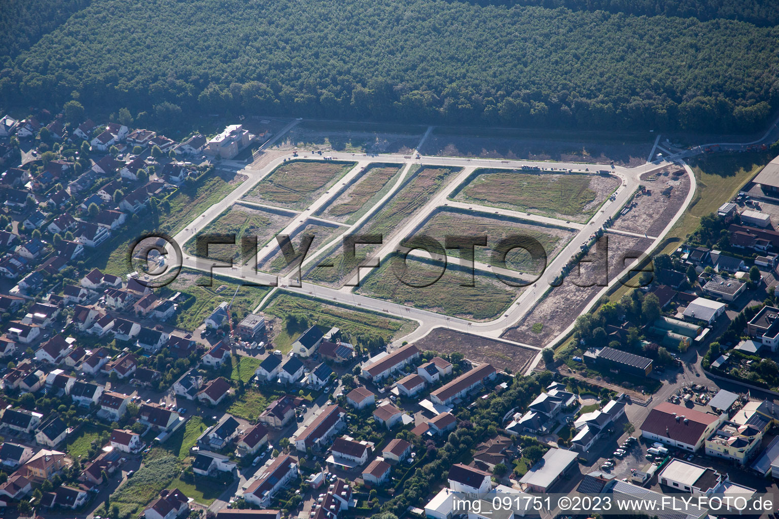 Aerial view of New development area Käthe-Kollwitz-Ring in the district Neudorf in Graben-Neudorf in the state Baden-Wuerttemberg, Germany