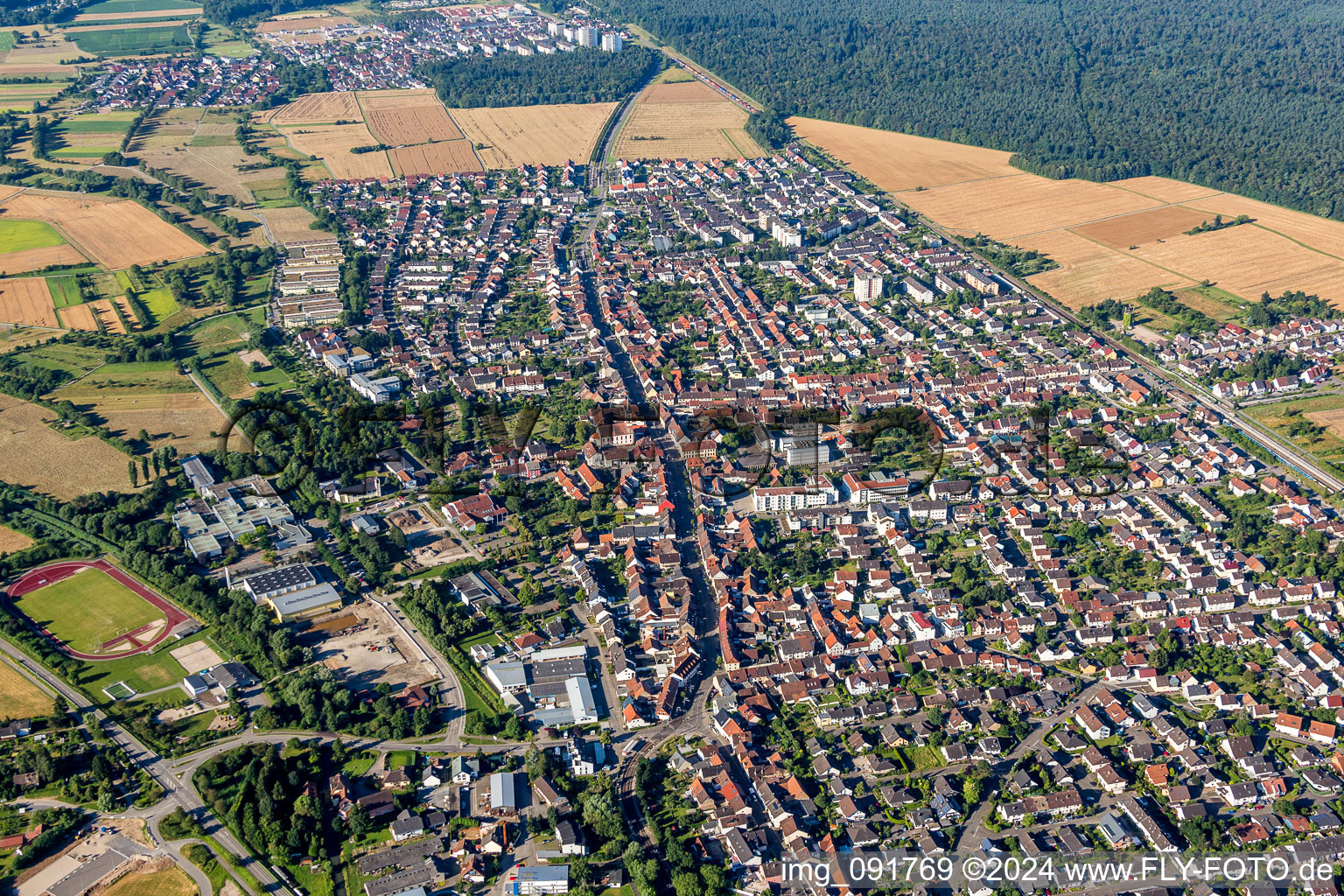 Town View of the streets and houses of the residential areas in Stutensee in the state Baden-Wurttemberg, Germany