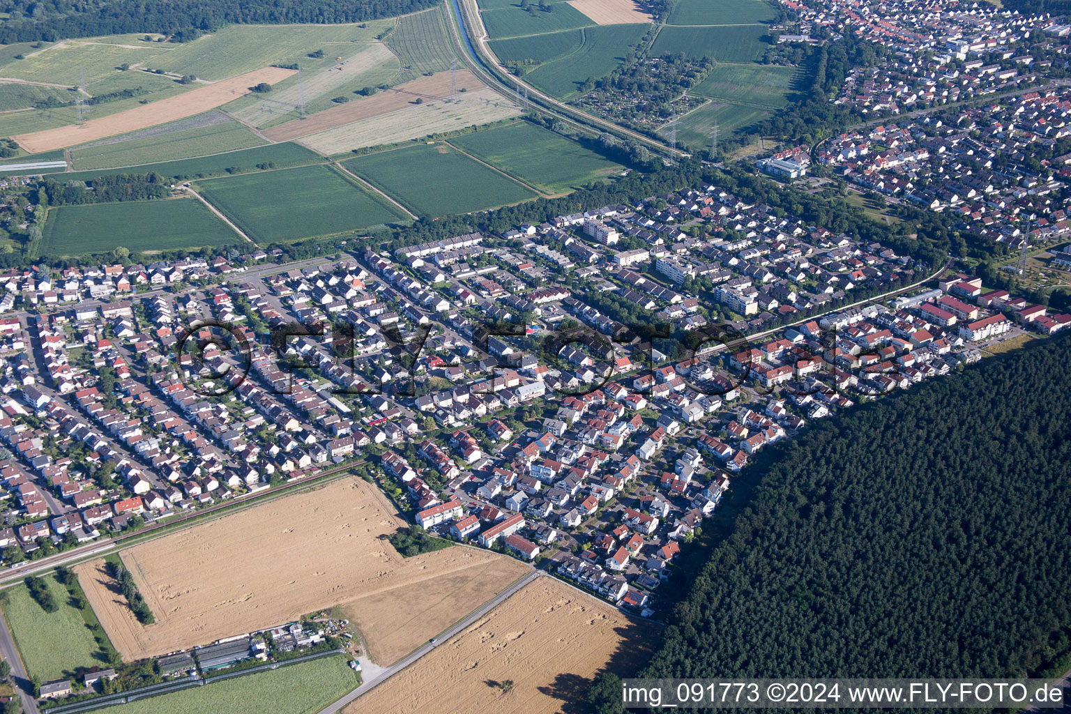 Aerial photograpy of District Eggenstein in Eggenstein-Leopoldshafen in the state Baden-Wuerttemberg, Germany