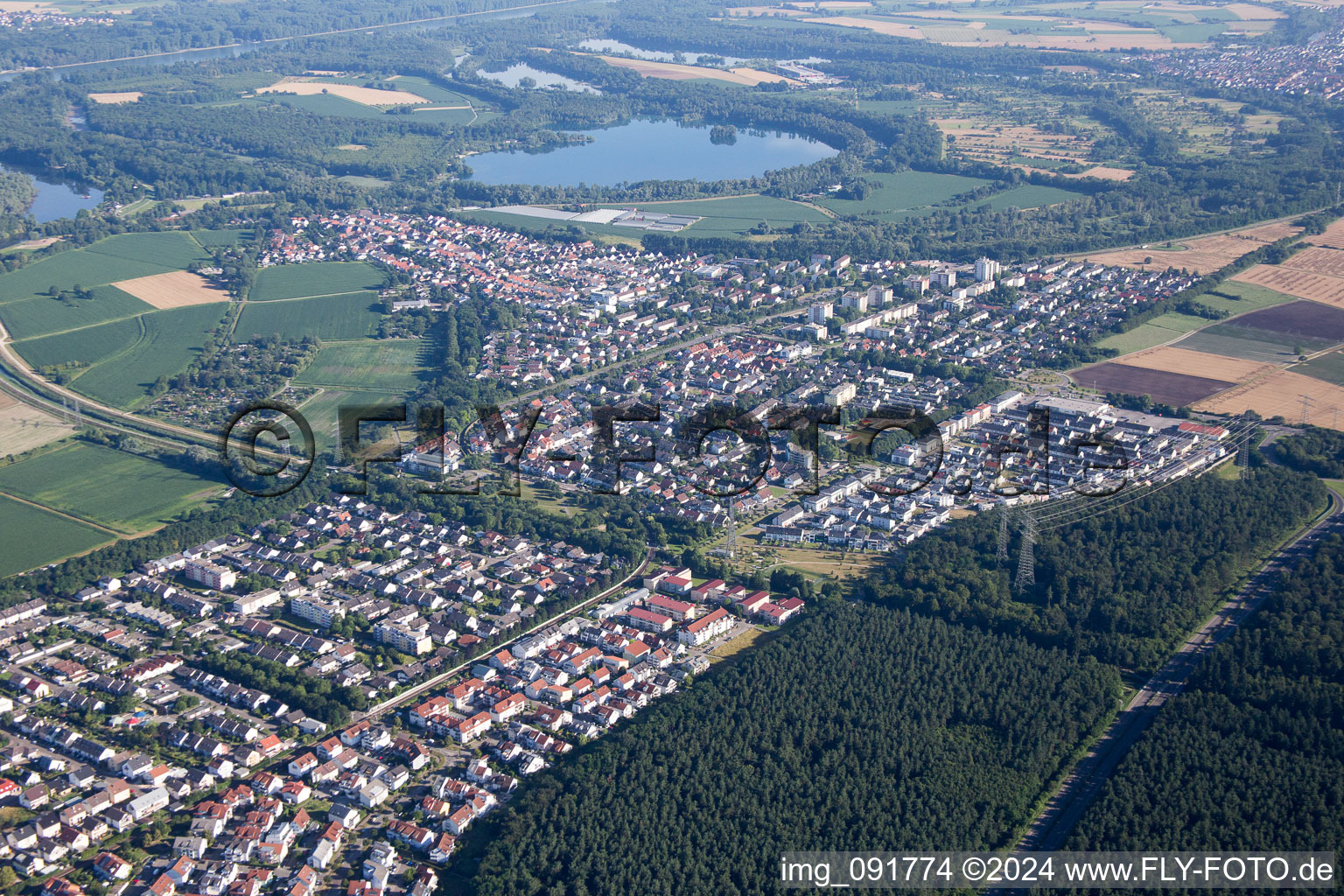 Oblique view of District Eggenstein in Eggenstein-Leopoldshafen in the state Baden-Wuerttemberg, Germany